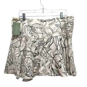 H & M Linen Blend Black White Tropical Leaf Print Mini Skirt Sz 14 Hawaiian NEW